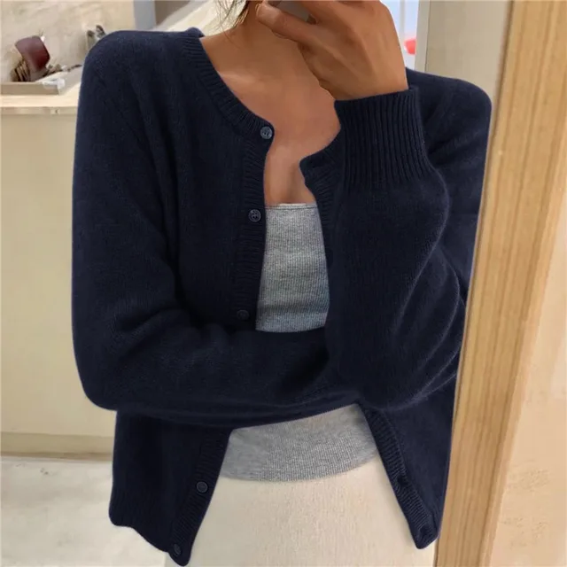 Women's Ribbed Knit Cardigan with Round Neckline