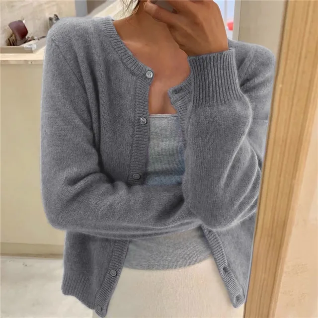 Women's Ribbed Knit Cardigan with Round Neckline