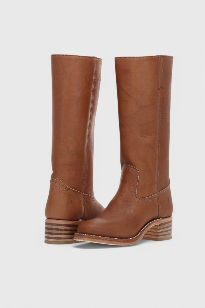 Women's Leather Knee High Boots with Stacked Heel