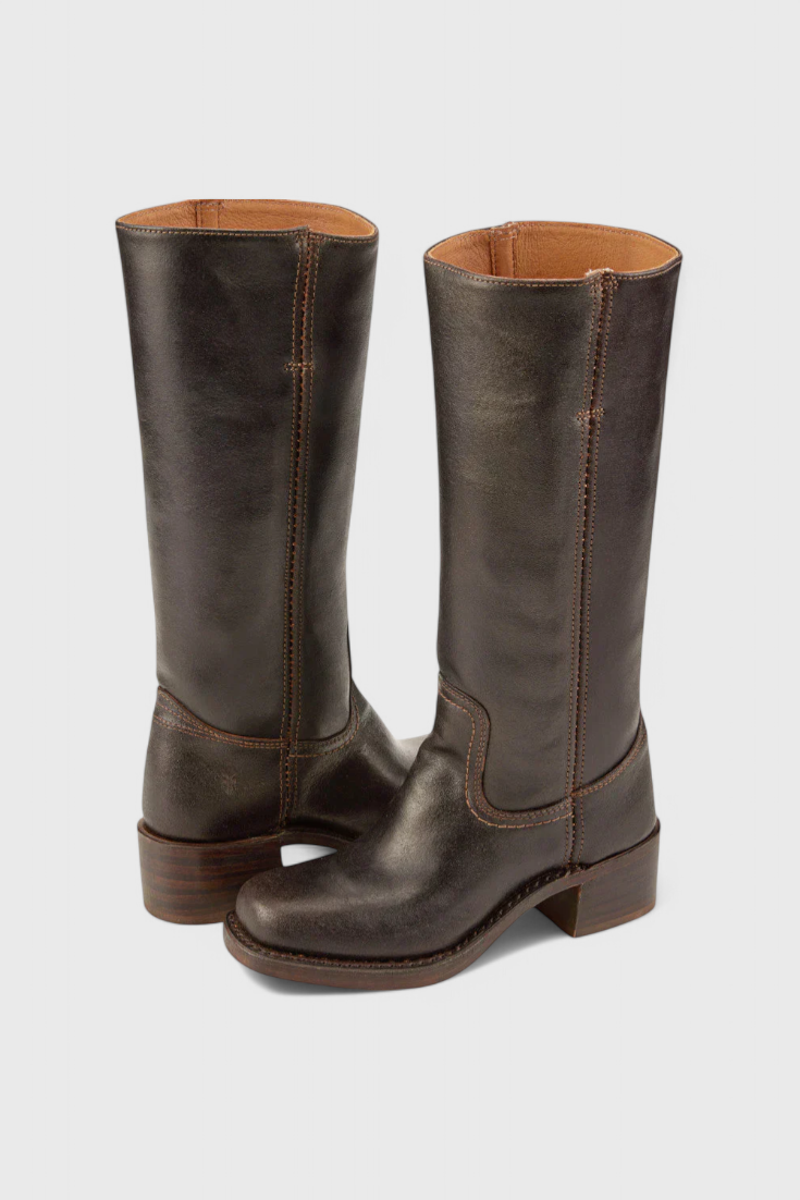 Women's Leather Knee High Boots with Stacked Heel