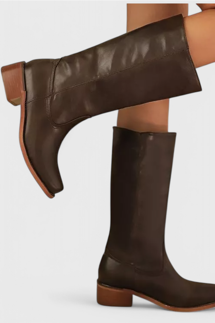 Women's Leather Knee High Boots with Stacked Heel