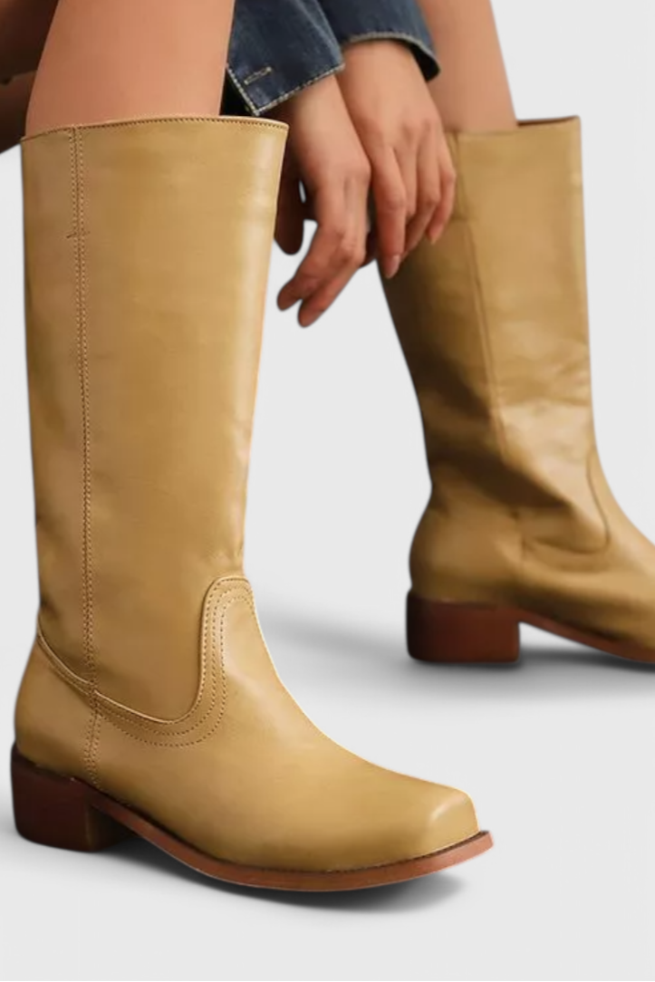 Women's Leather Knee High Boots with Stacked Heel