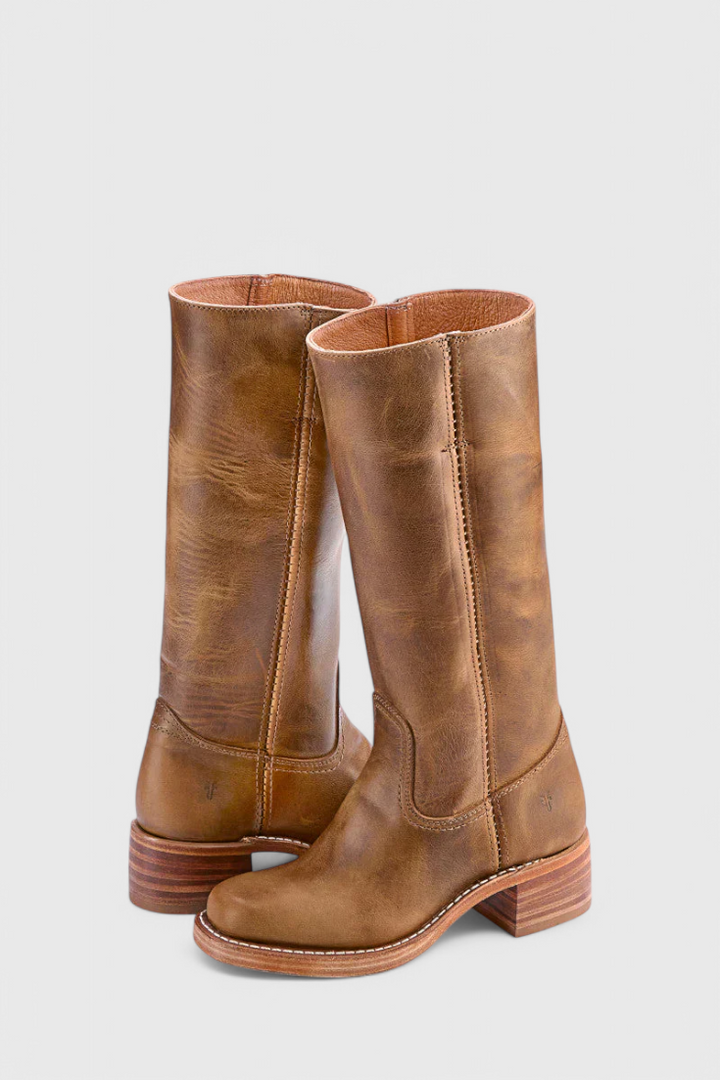 Women's Leather Knee High Boots with Stacked Heel