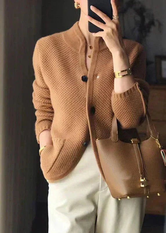 Women's Cashmere Button-Up Cardigan with Stand Collar