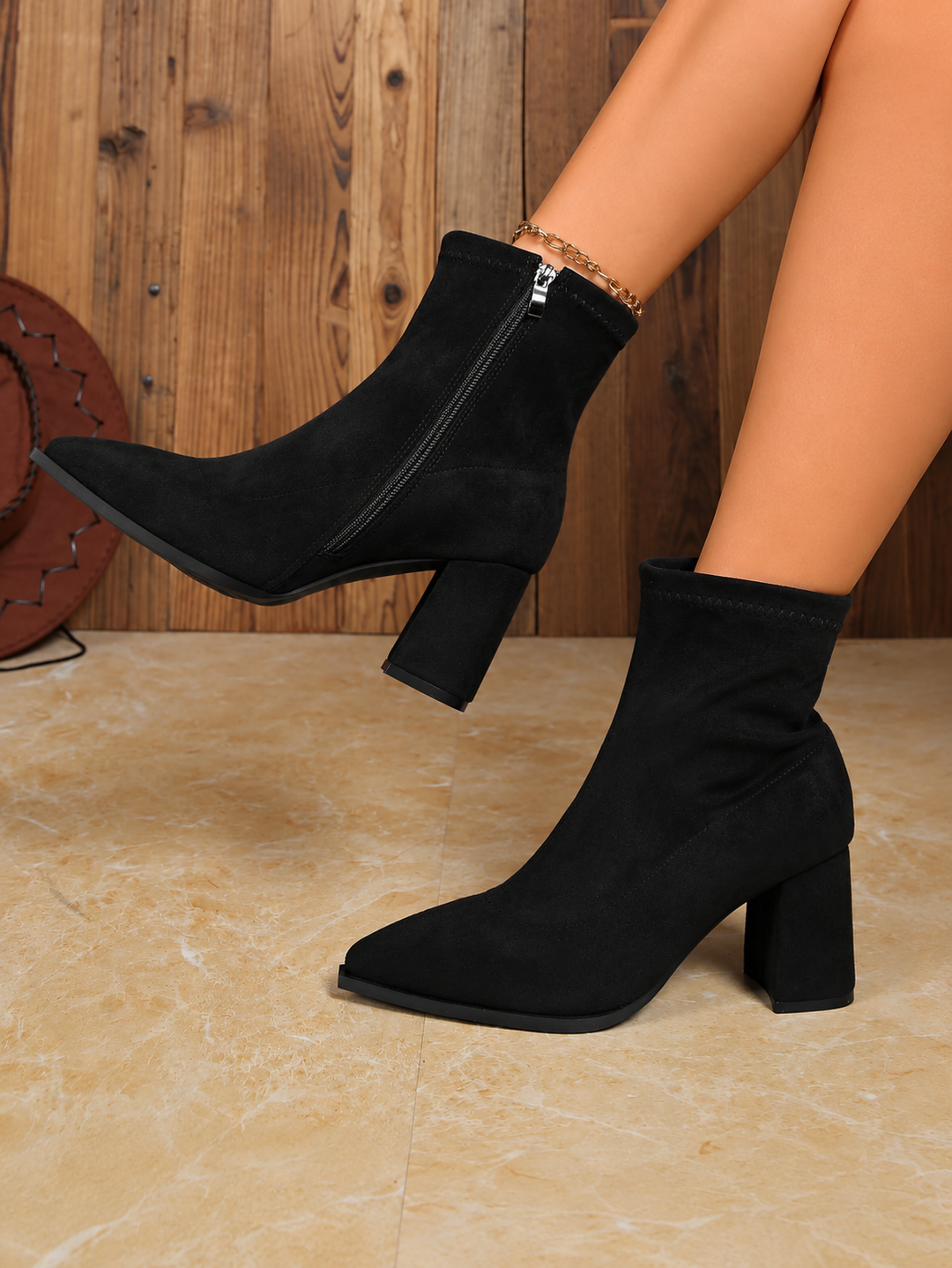 Women's Suede Ankle Boots with Block Heel and Pointed Toe