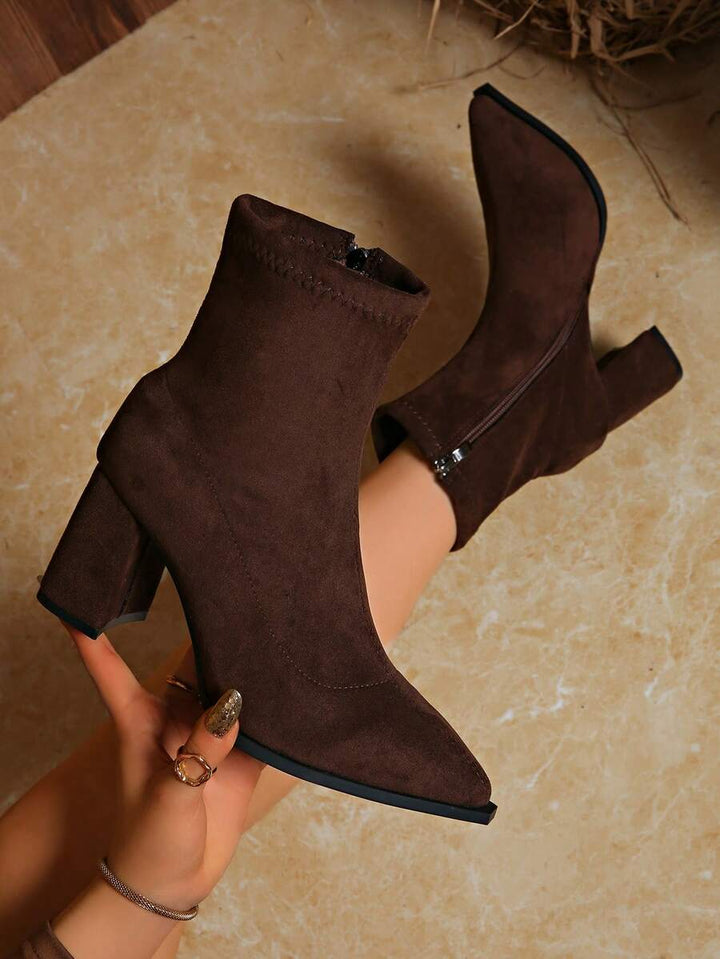 Women's Suede Ankle Boots with Block Heel and Pointed Toe