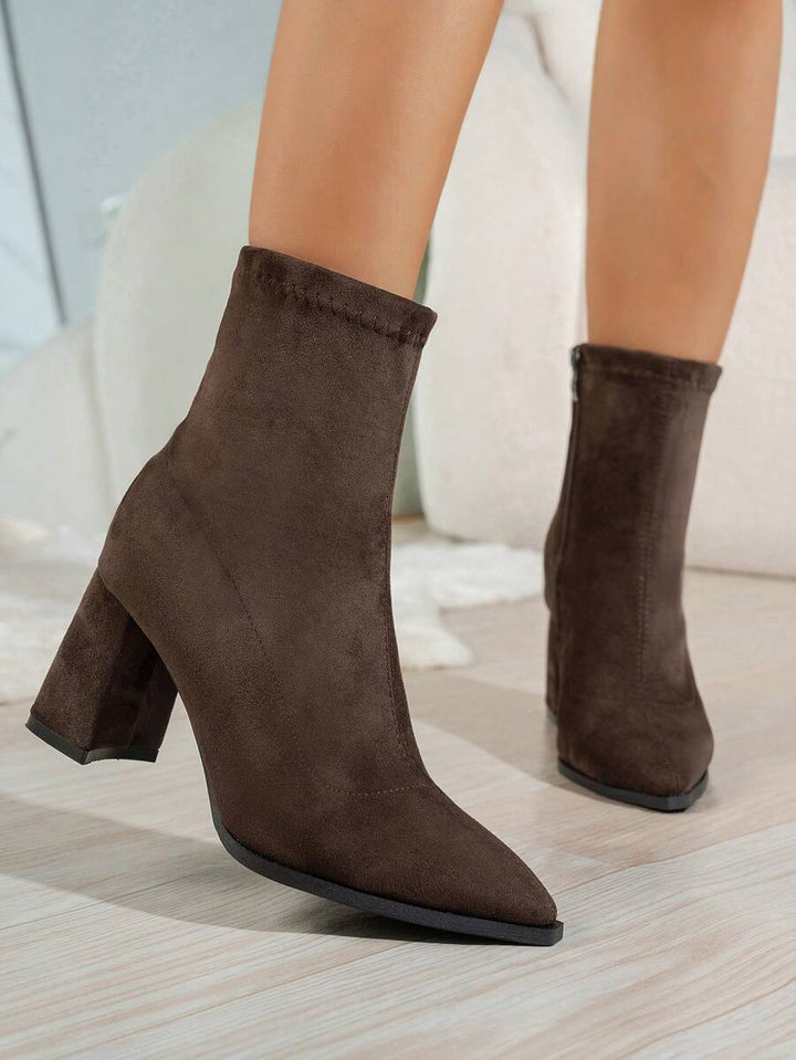 Women's Suede Ankle Boots with Block Heel and Pointed Toe