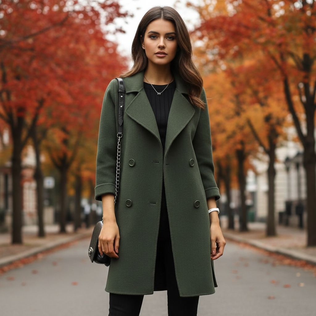 Women's Double-Breasted Overcoat with Notch Lapel Collar