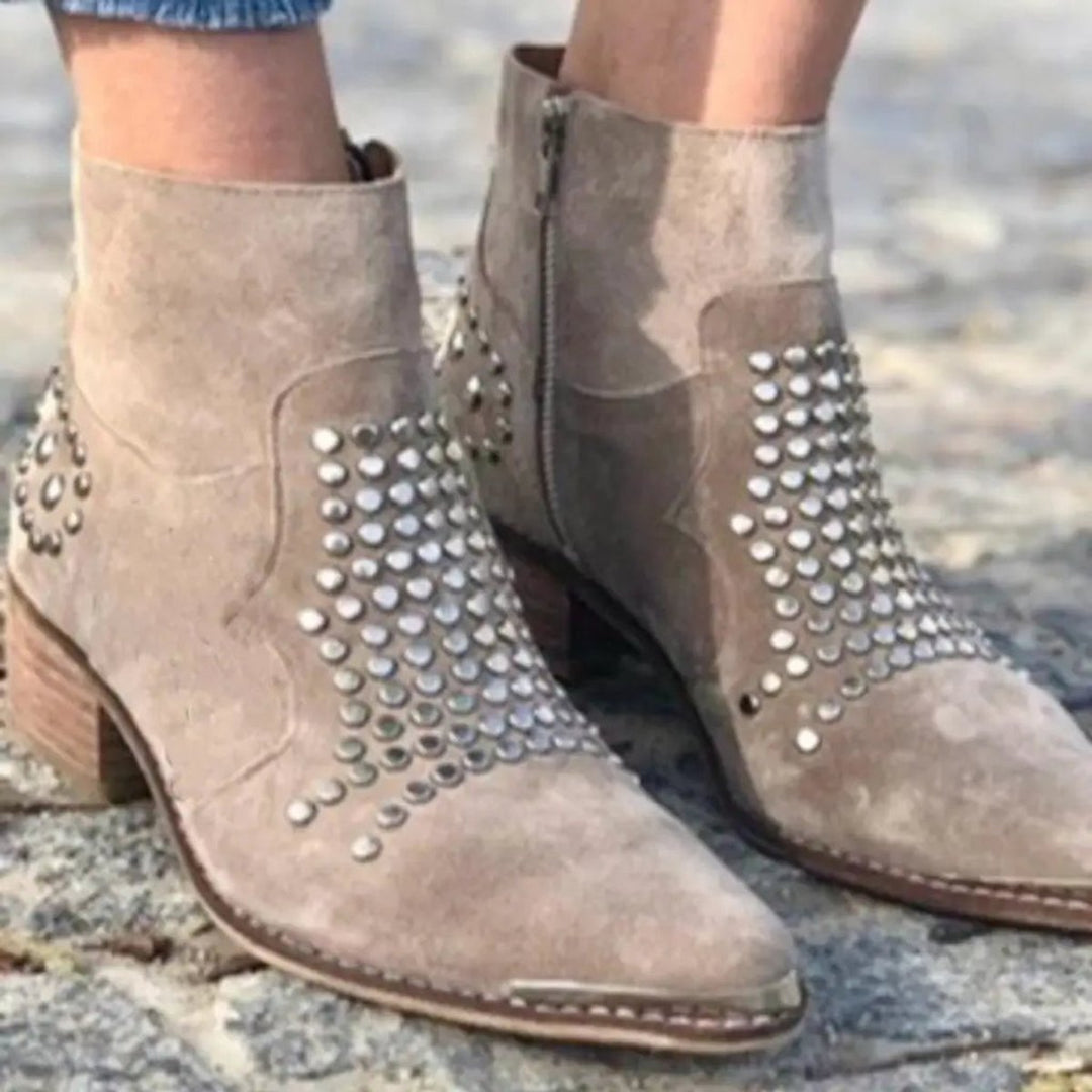 Women's Suede Studded Ankle Boots with Pointed Toe
