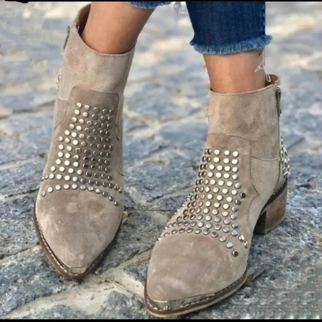 Women's Suede Studded Ankle Boots with Pointed Toe