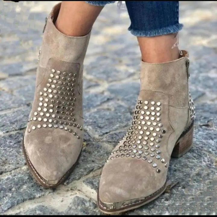 Women's Suede Studded Ankle Boots with Pointed Toe