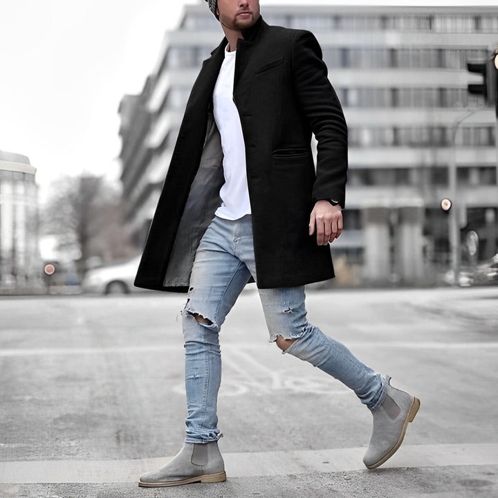 Men's Tailored Stand Collar Long Coat with Single-Breasted Front