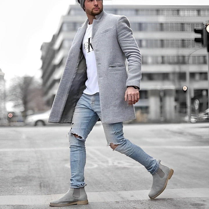 Men's Tailored Stand Collar Long Coat with Single-Breasted Front