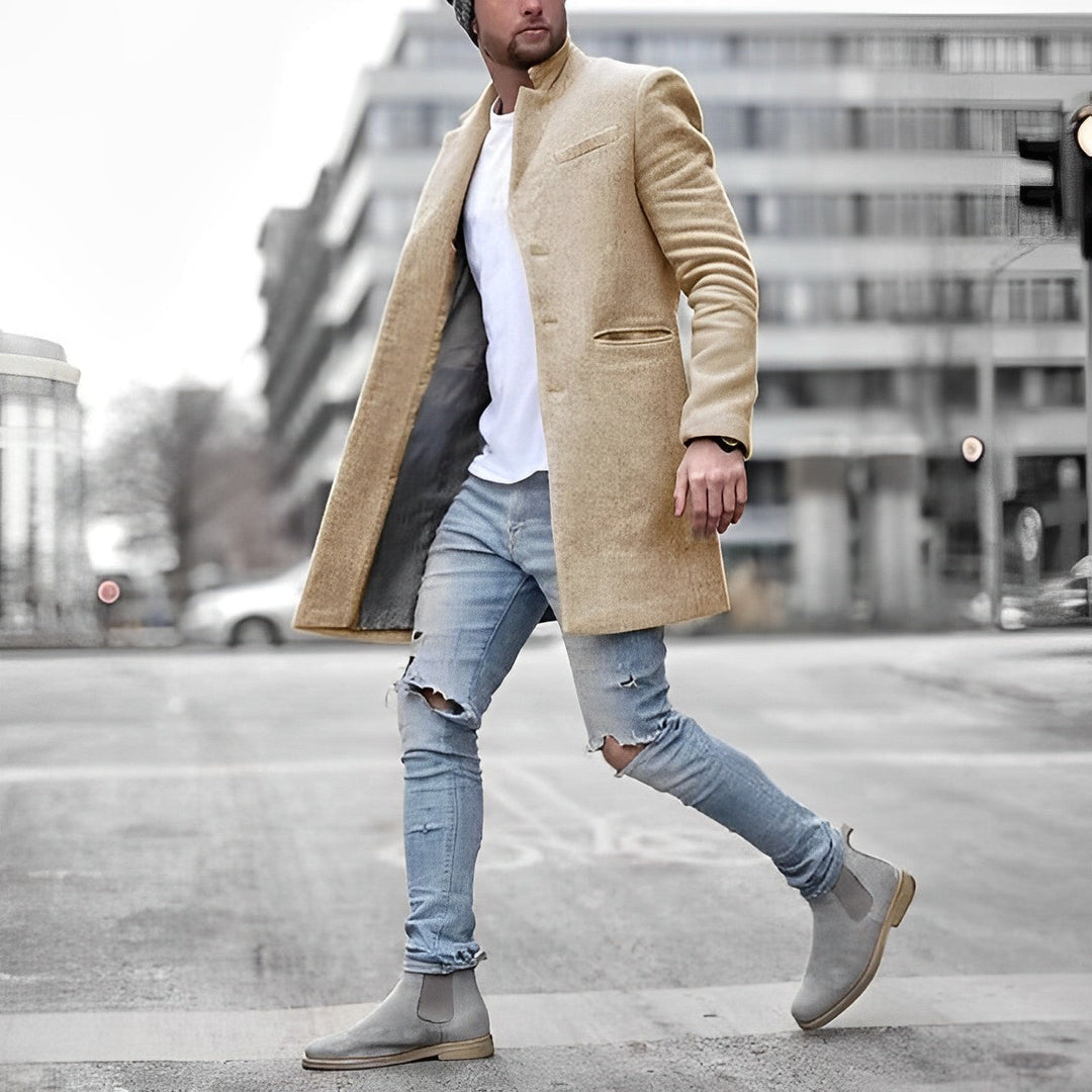 Men's Tailored Stand Collar Long Coat with Single-Breasted Front