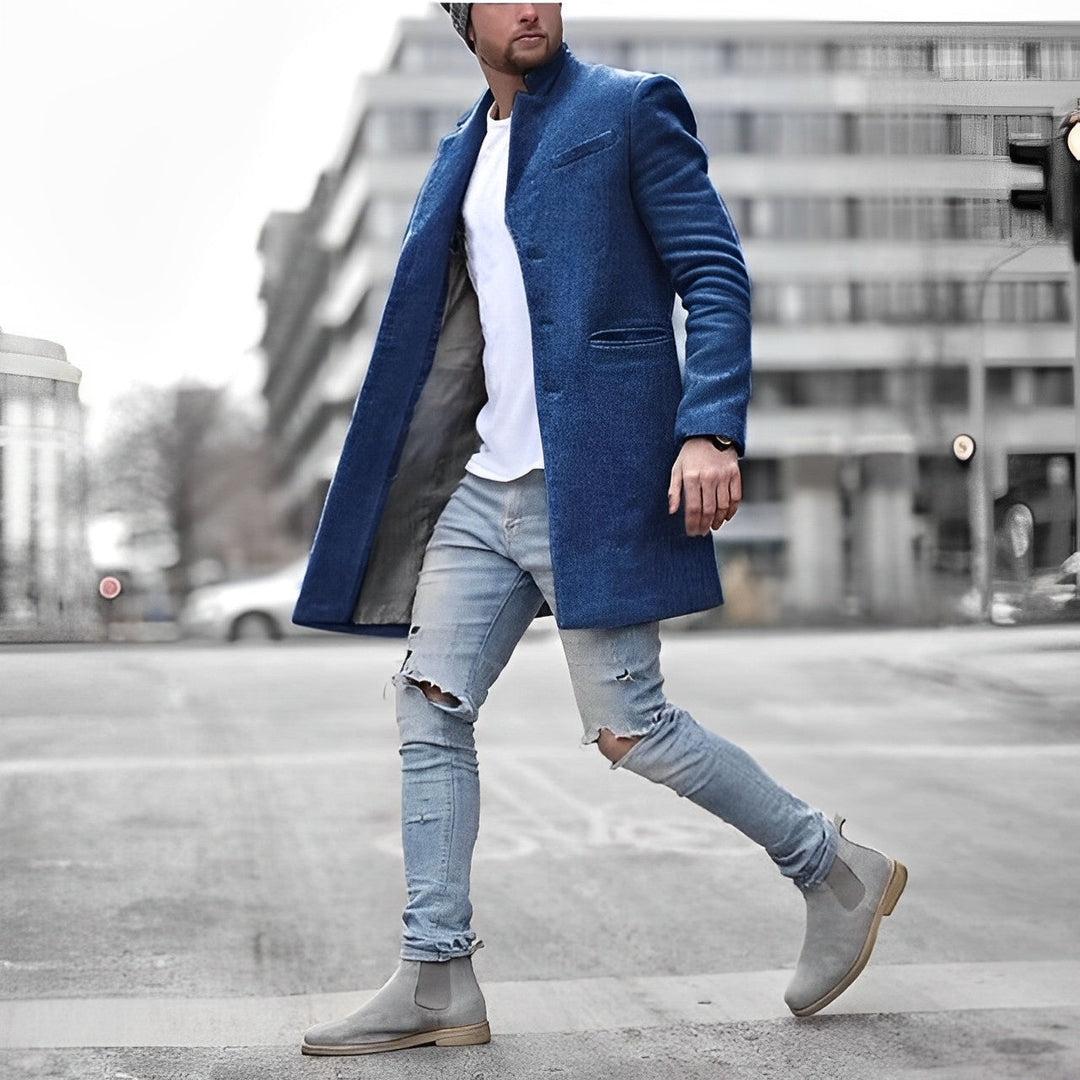 Men's Tailored Stand Collar Long Coat with Single-Breasted Front