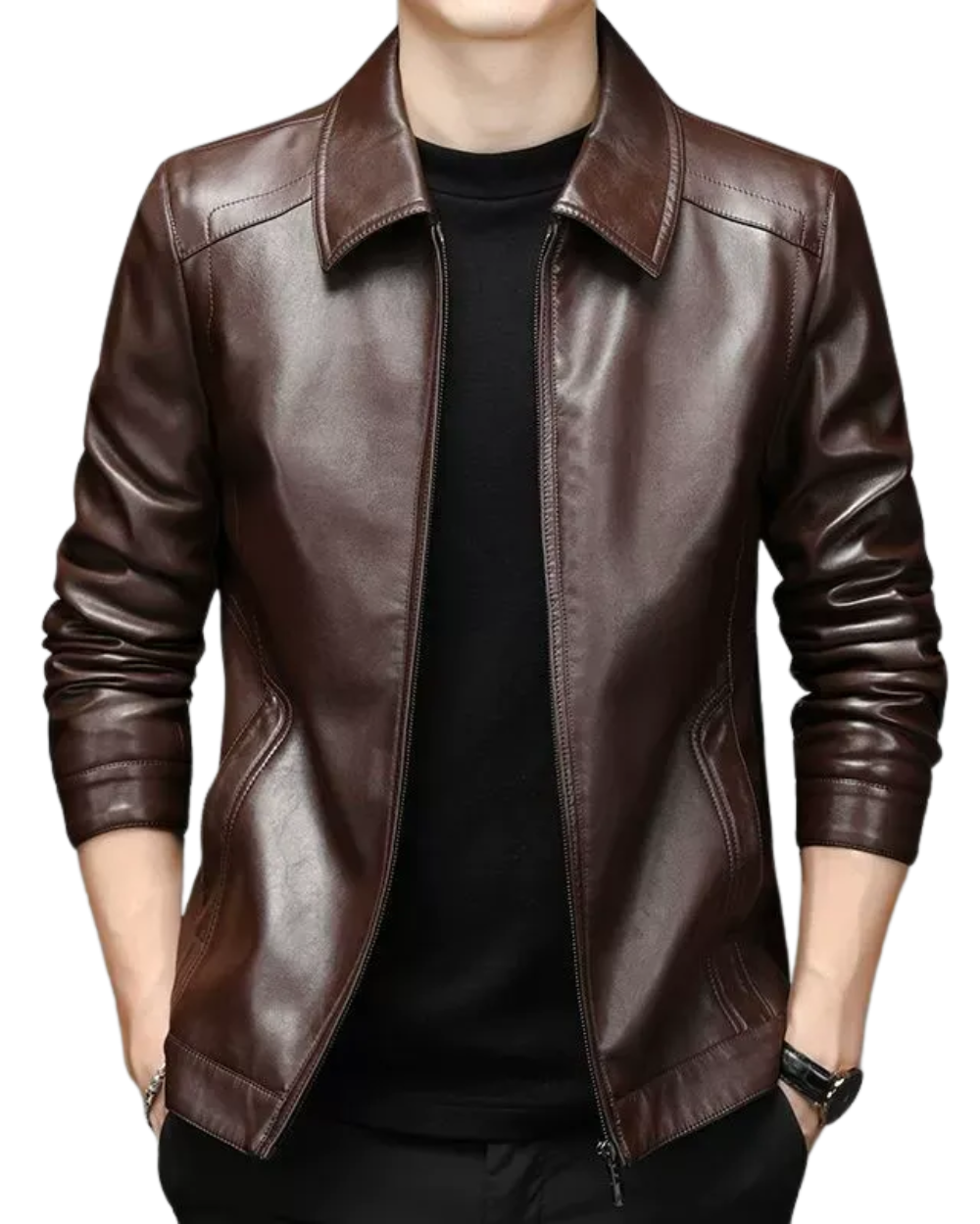 Men's Leather Jacket with Point Collar