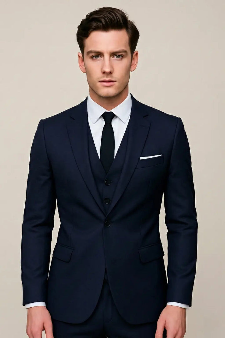 Men's Notch Lapel Three-Piece Suit with Pocket Square Detail