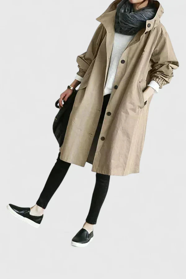 Women's Oversized Hooded Trench Coat with Elastic Cuffs