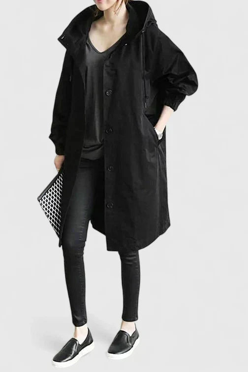 Women's Oversized Hooded Trench Coat with Elastic Cuffs
