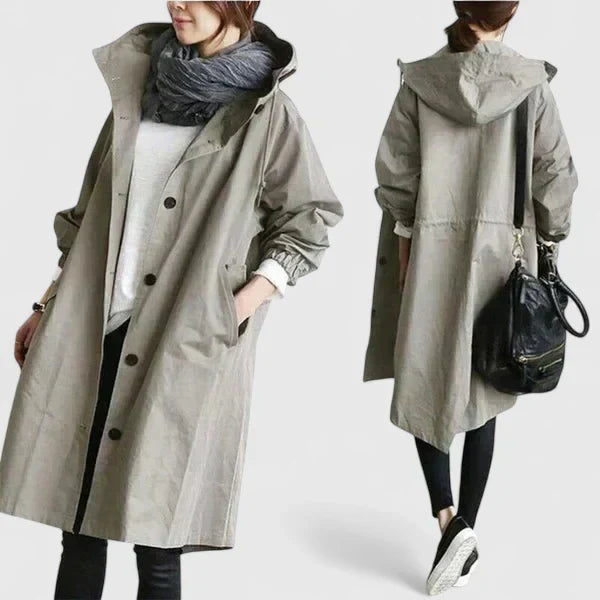 Women's Oversized Hooded Trench Coat with Elastic Cuffs