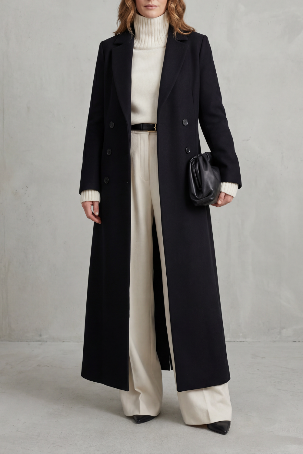 Women's Double-Breasted Longline Coat with Notch Lapel