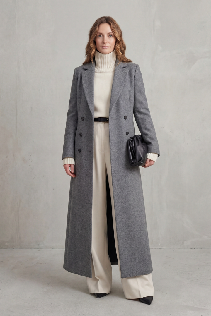Women's Double-Breasted Longline Coat with Notch Lapel