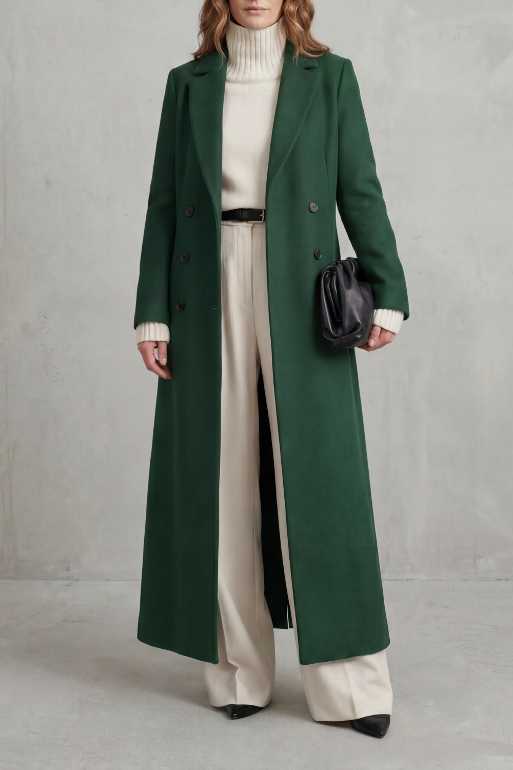 Women's Double-Breasted Longline Coat with Notch Lapel