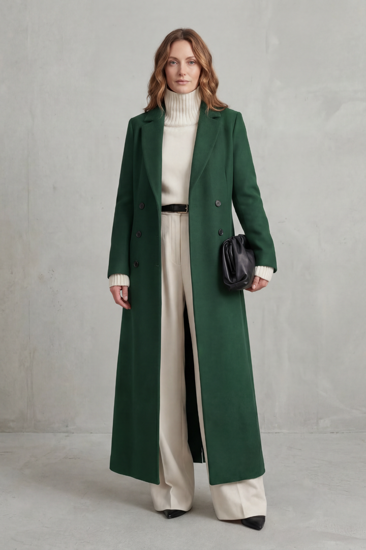 Women's Double-Breasted Longline Coat with Notch Lapel