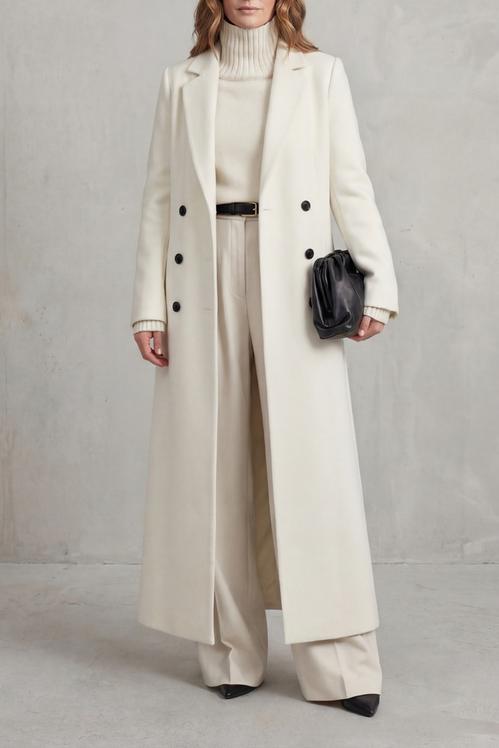 Women's Double-Breasted Longline Coat with Notch Lapel