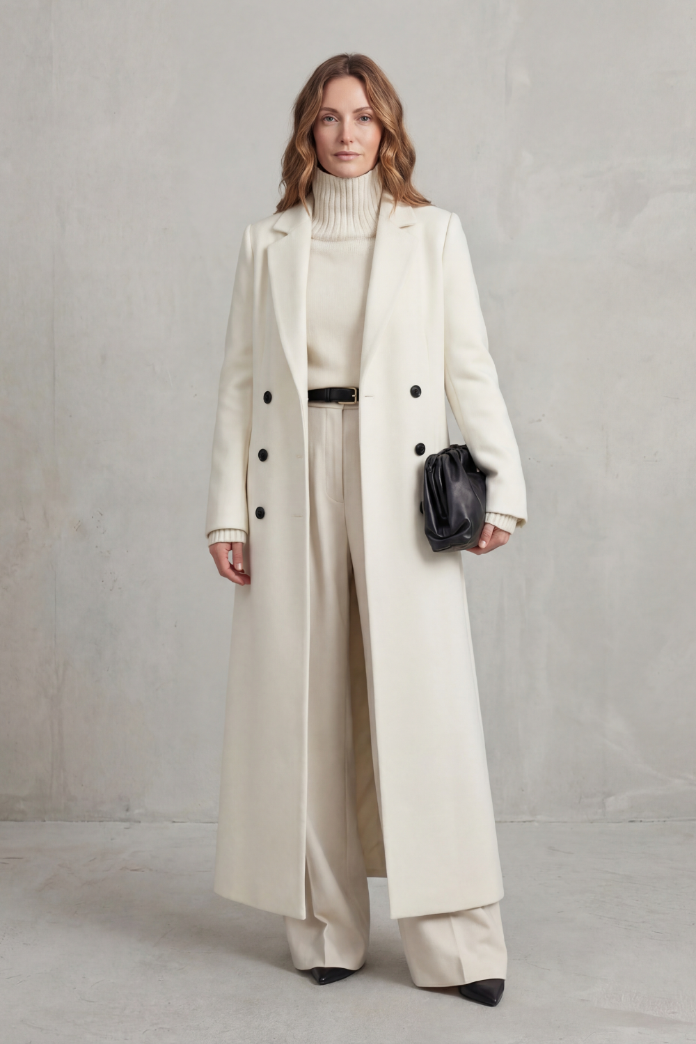 Women's Double-Breasted Longline Coat with Notch Lapel