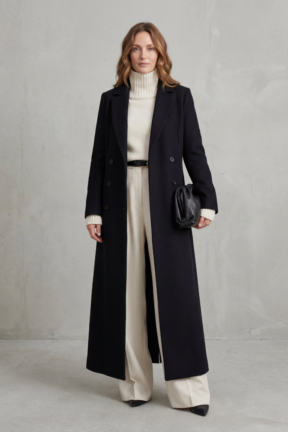 Women's Double-Breasted Longline Coat with Notch Lapel