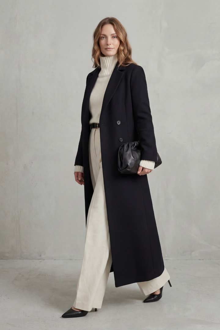 Women's Double-Breasted Longline Coat with Notch Lapel