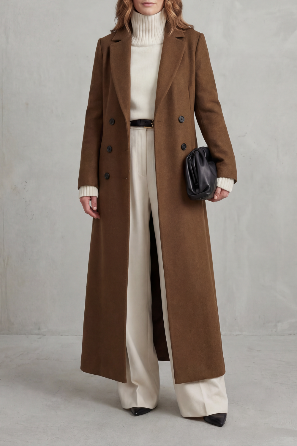 Women's Double-Breasted Longline Coat with Notch Lapel