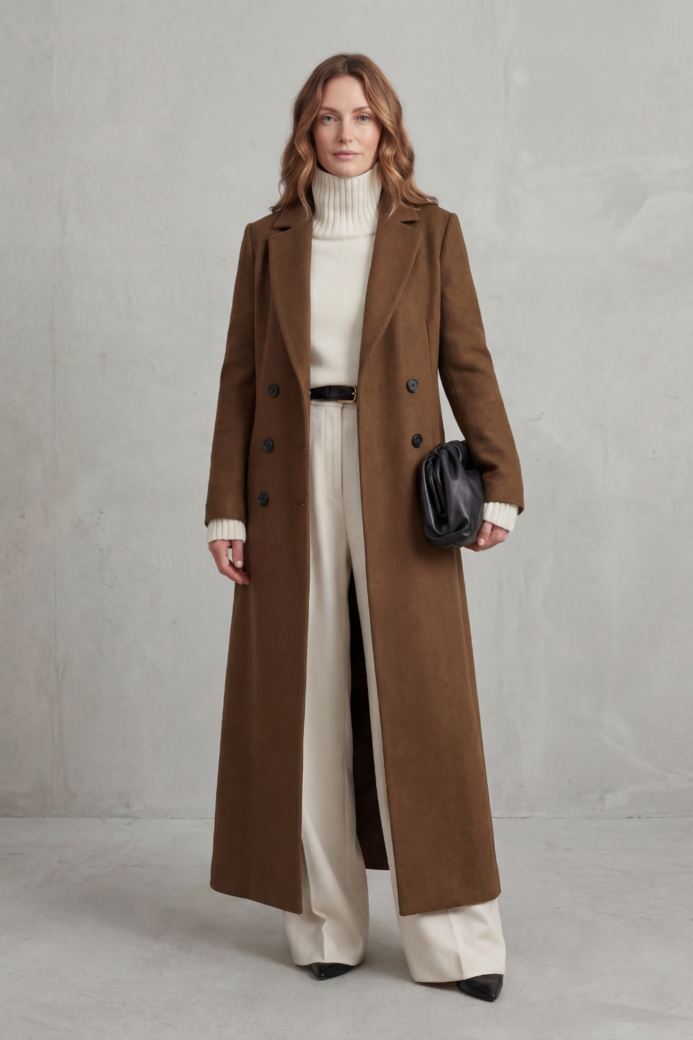 Women's Double-Breasted Longline Coat with Notch Lapel