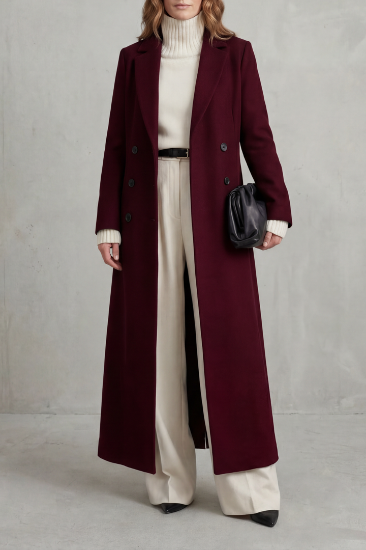 Women's Double-Breasted Longline Coat with Notch Lapel