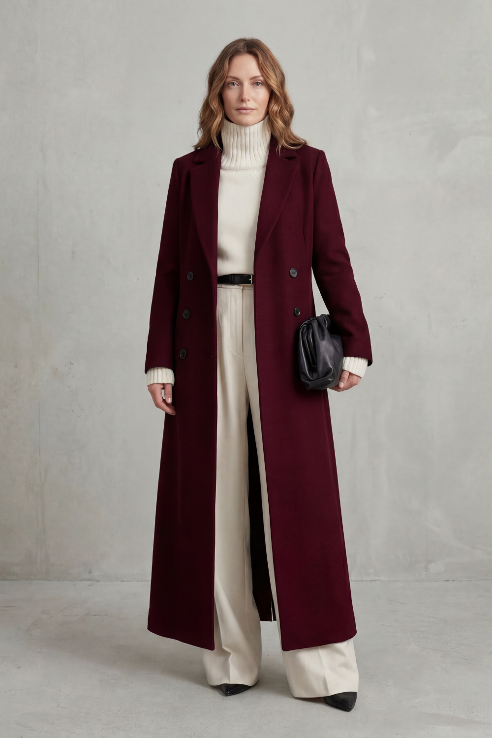 Women's Double-Breasted Longline Coat with Notch Lapel