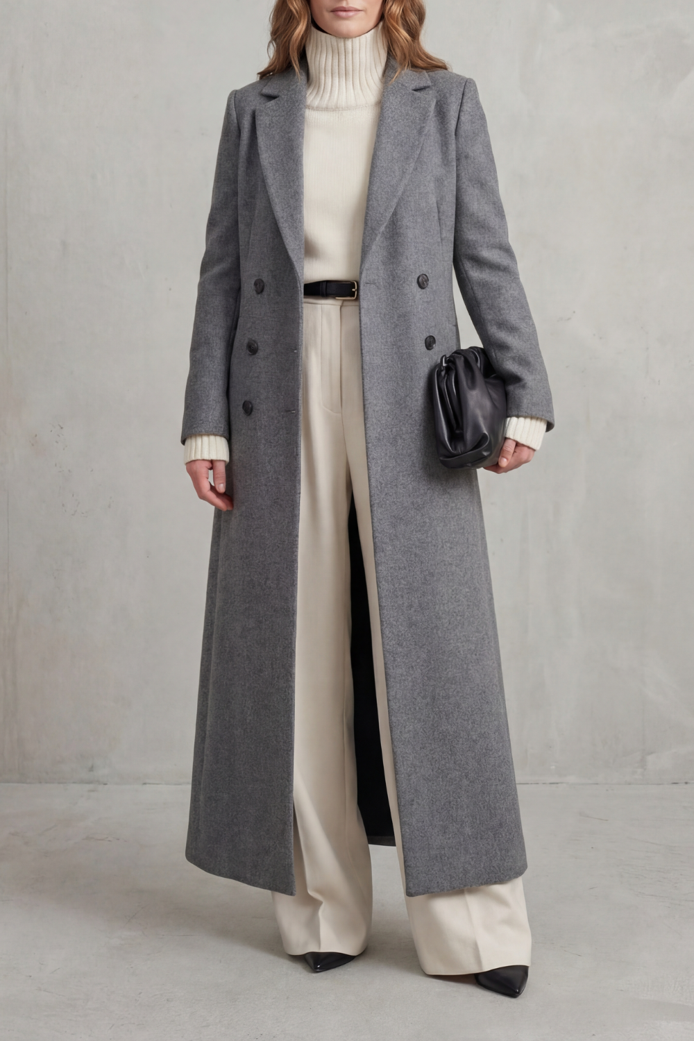 Women's Double-Breasted Longline Coat with Notch Lapel