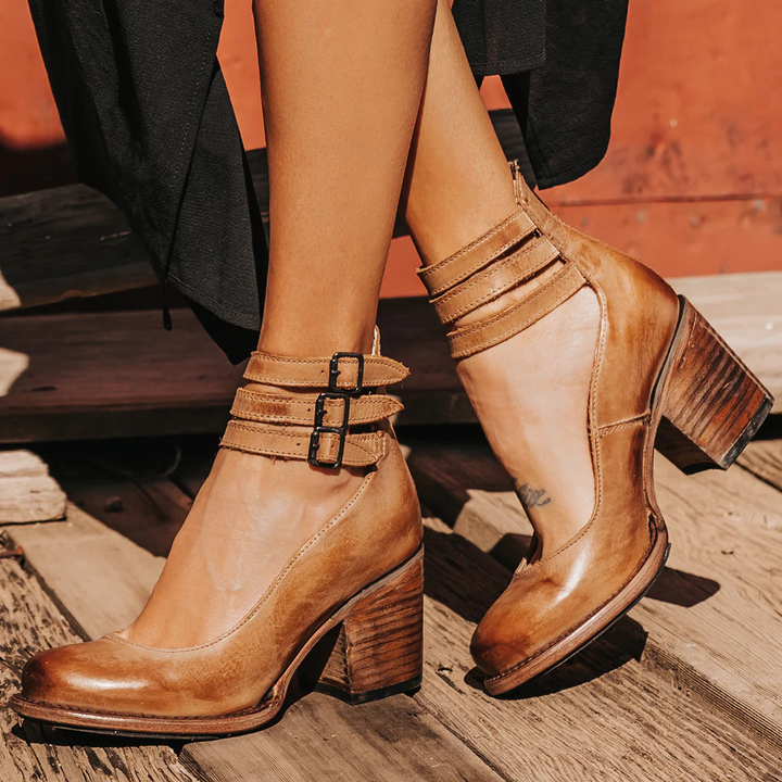 Women's Leather Buckle Strap Block Heel Sandals