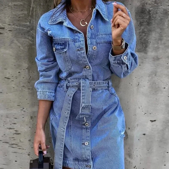 Women's Distressed Denim Shirt Dress with Belted Waist