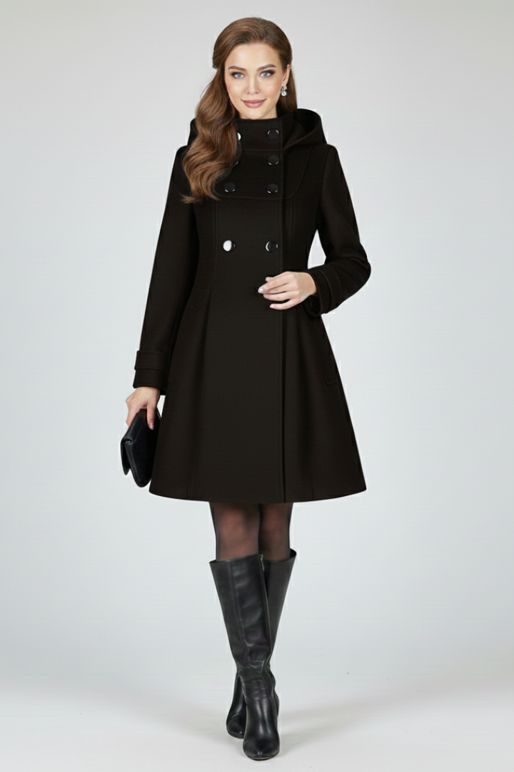 Women's Hooded Wool Coat with Double Button Front
