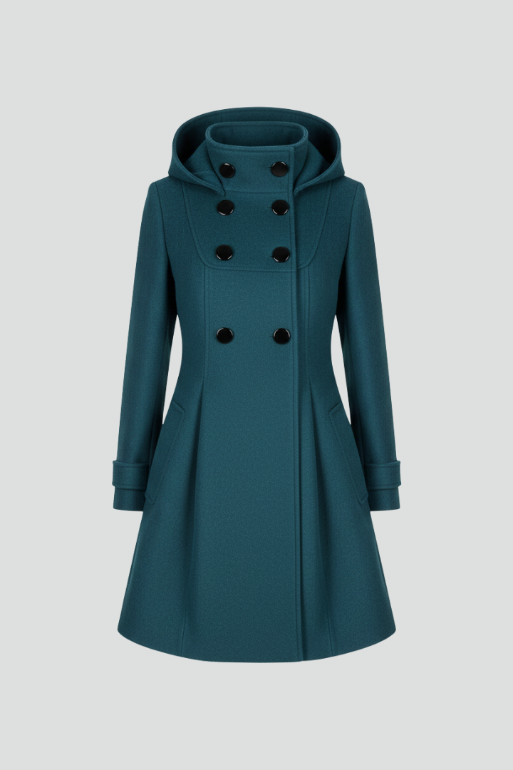 Women's Hooded Wool Coat with Double Button Front