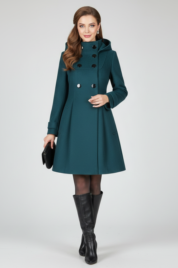 Women's Hooded Wool Coat with Double Button Front