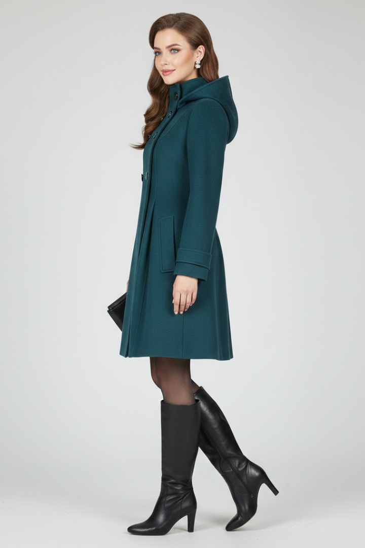 Women's Hooded Wool Coat with Double Button Front