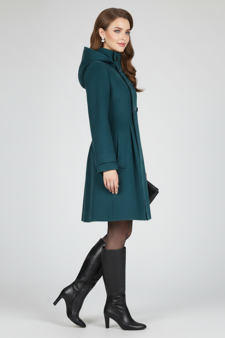Women's Hooded Wool Coat with Double Button Front