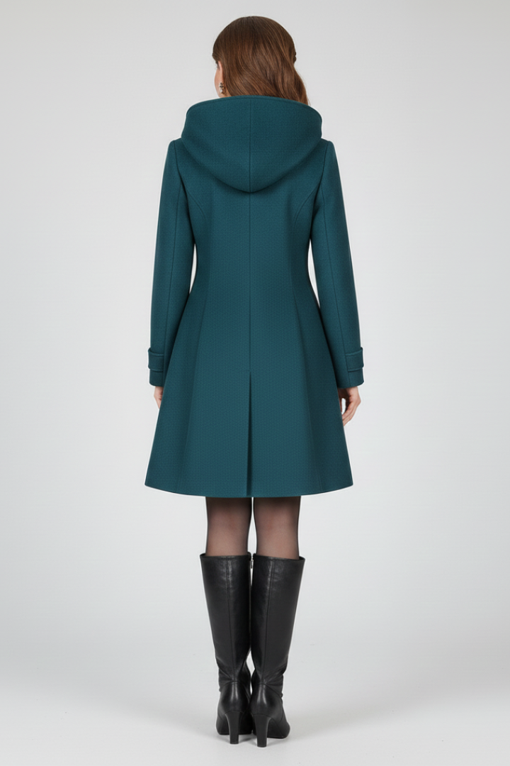 Women's Hooded Wool Coat with Double Button Front