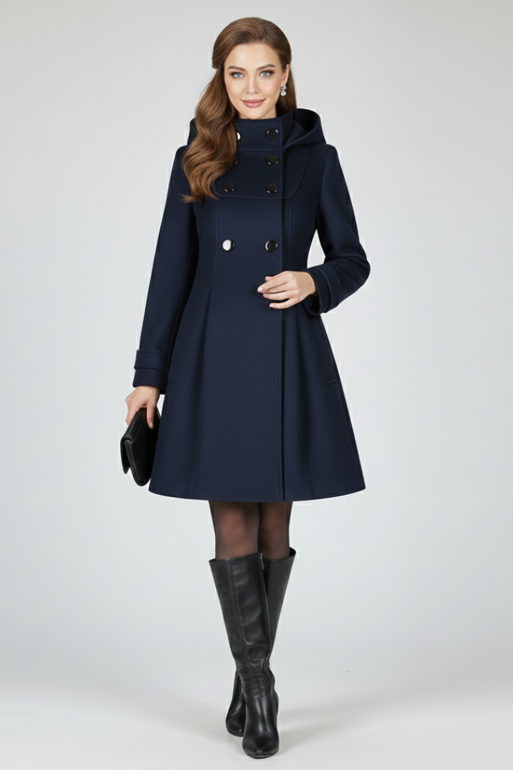 Women's Hooded Wool Coat with Double Button Front