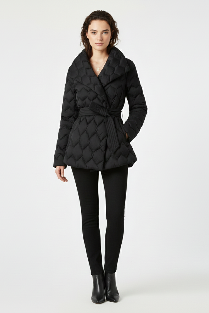 Women's Quilted Down Coat with Belted Waist