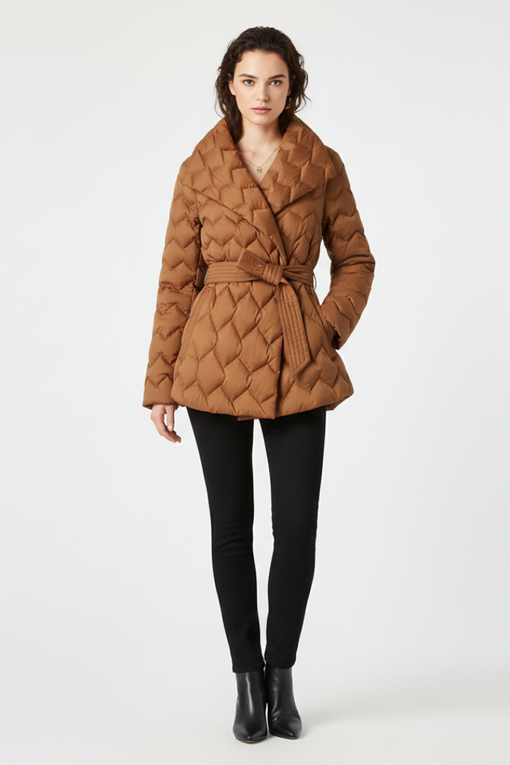 Women's Quilted Down Coat with Belted Waist
