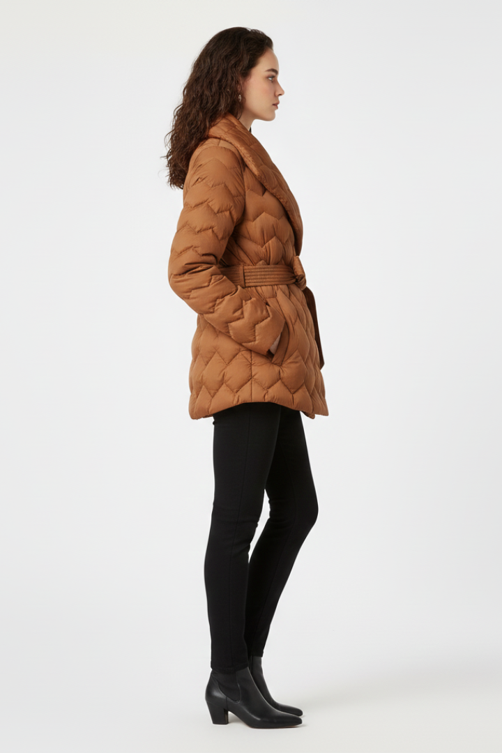 Women's Quilted Down Coat with Belted Waist