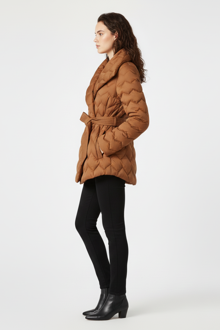 Women's Quilted Down Coat with Belted Waist